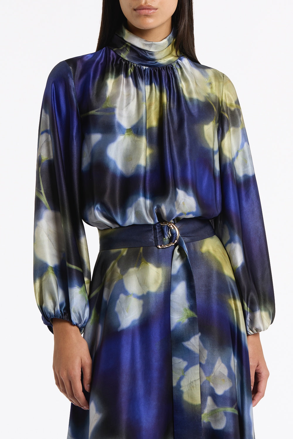 Carla Zampatti Calla Lily Silk Viscose Gathered Sleeve Dress (Blue)