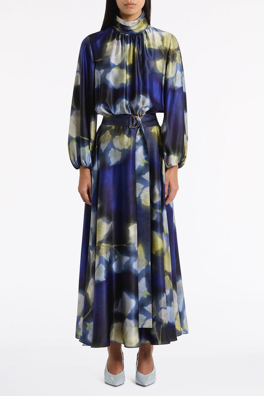 Image of Dresses. Product name - Calla Lily Silk Viscose Gathered Sleeve Dress in Blue colour by brand - Carla Zampatti
