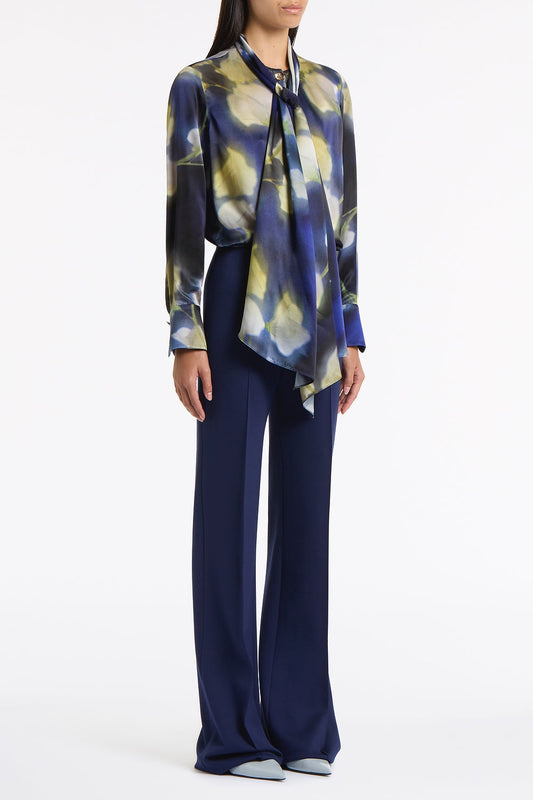 Carla Zampatti Calla Lily Silk Viscose Tie Neck Top (Blue)