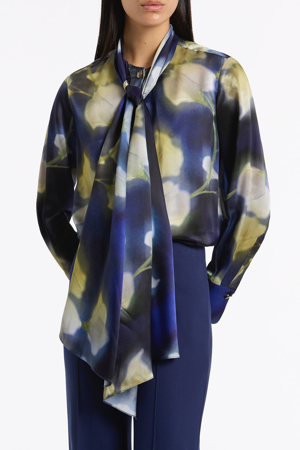 Carla Zampatti Calla Lily Silk Viscose Tie Neck Top (Blue)