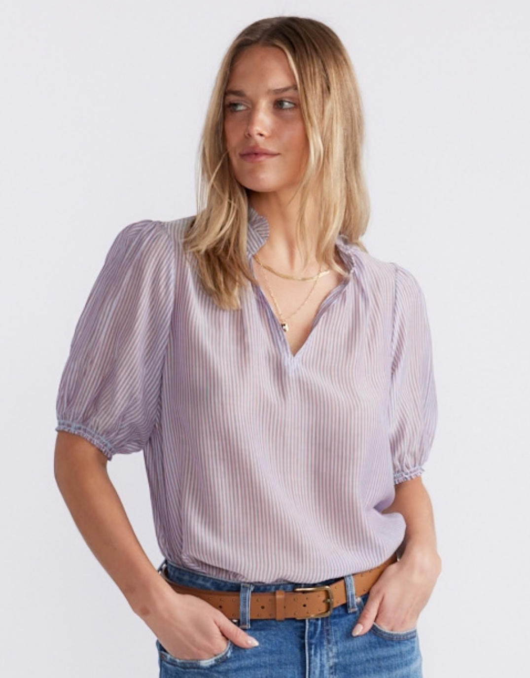 White & Co. Camden Ruffle Blouse (Blue/Choc Stripe)