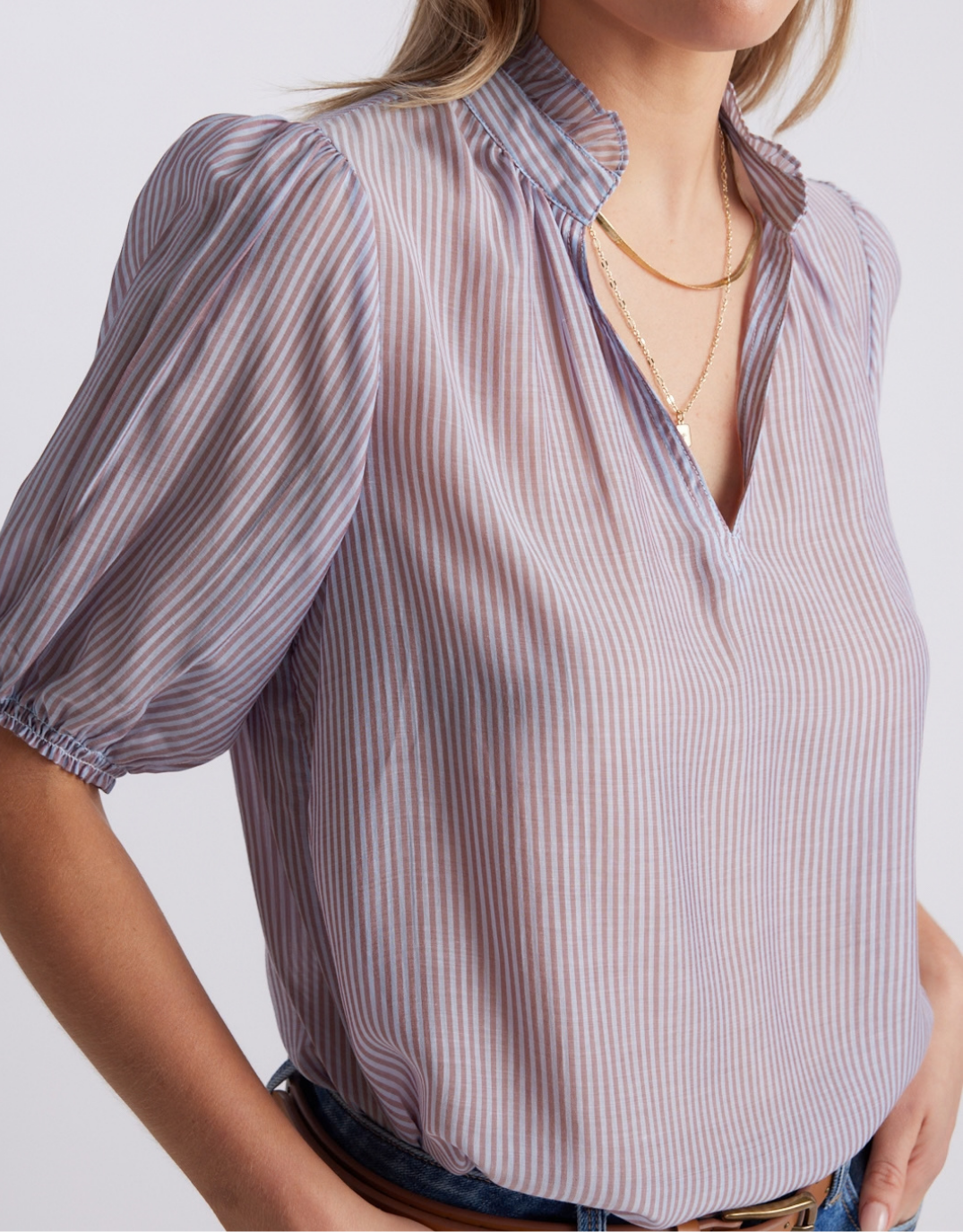 White & Co. Camden Ruffle Blouse (Blue/Choc Stripe)