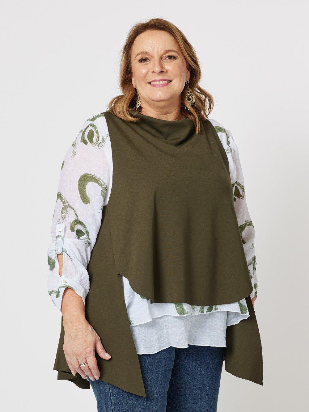 Image of a model wearing Tops. Product name - C CAMERON LAYER TOP Khaki in Khaki colour by brand - Clarity
