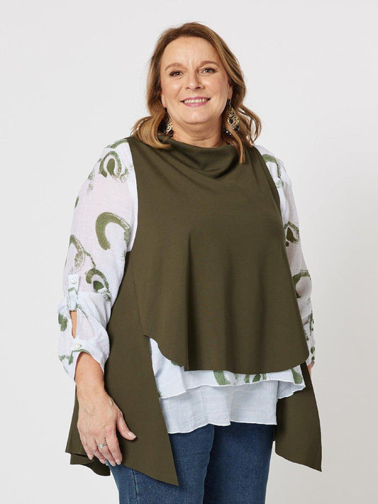 Image of a model wearing Tops. Product name - C CAMERON LAYER TOP Khaki in Khaki colour by brand - Clarity
