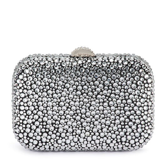 Image of Bags. Productname: CASEY Hot Fix Encrusted Clutch in Silver colour by brand - Olga Berg