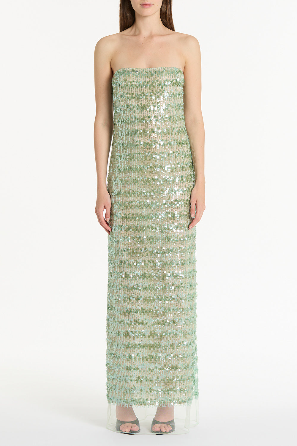 Image of Dresses. Product name - Celedon Sequin Strapless Gown in Green colour by brand - Carla Zampatti