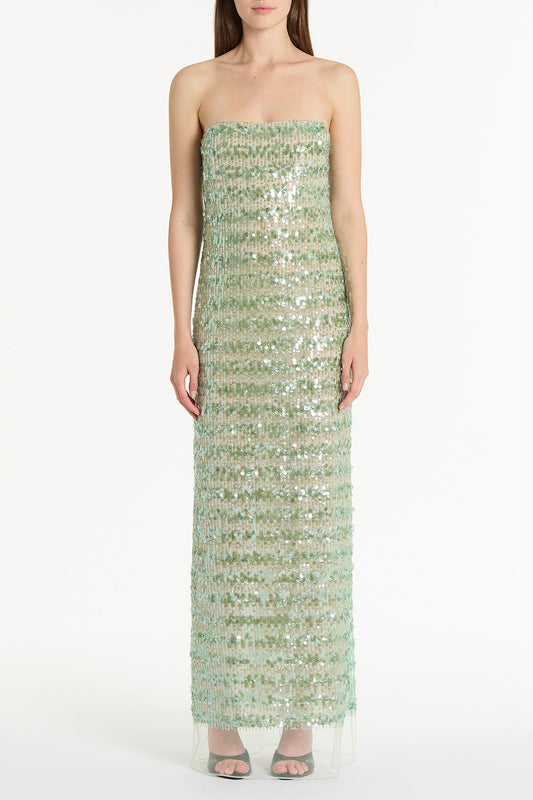 Image of Dresses. Product name - Celedon Sequin Strapless Gown in Green colour by brand - Carla Zampatti