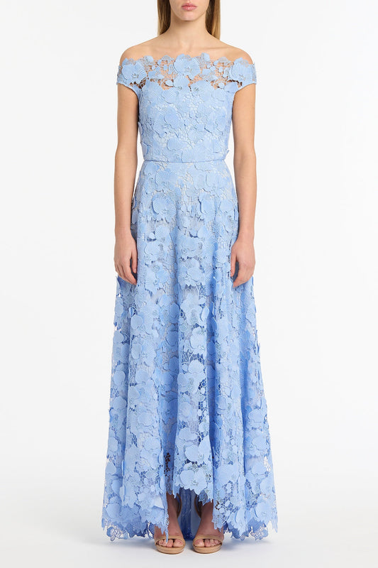 Image of Dresses. Product name - Celeste 3D Lace Off-Shoulder Gown in Blue colour by brand - Carla Zampatti