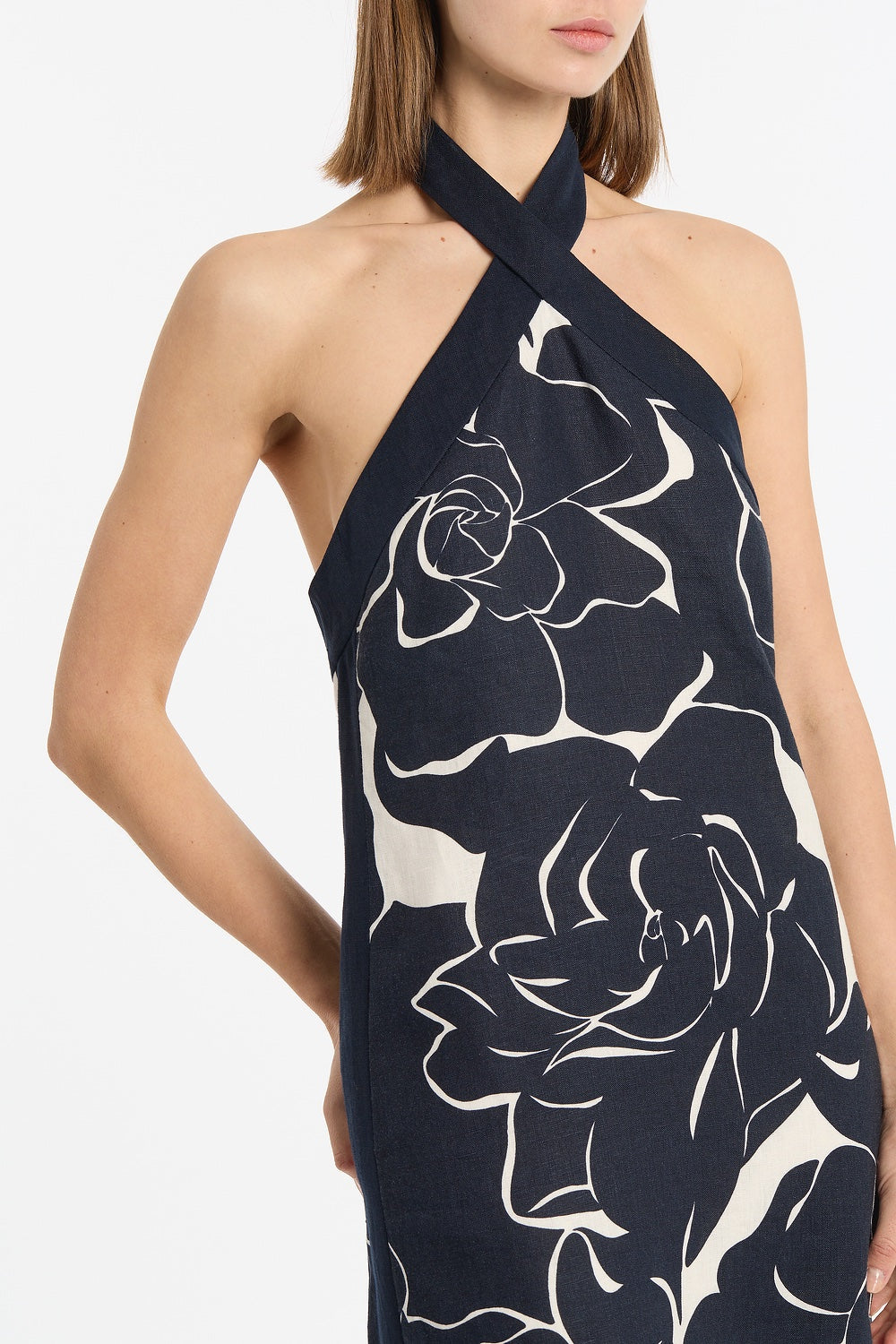 Carla Zampatti Celestial Petals Linen Halter Neck Dress (Navy)