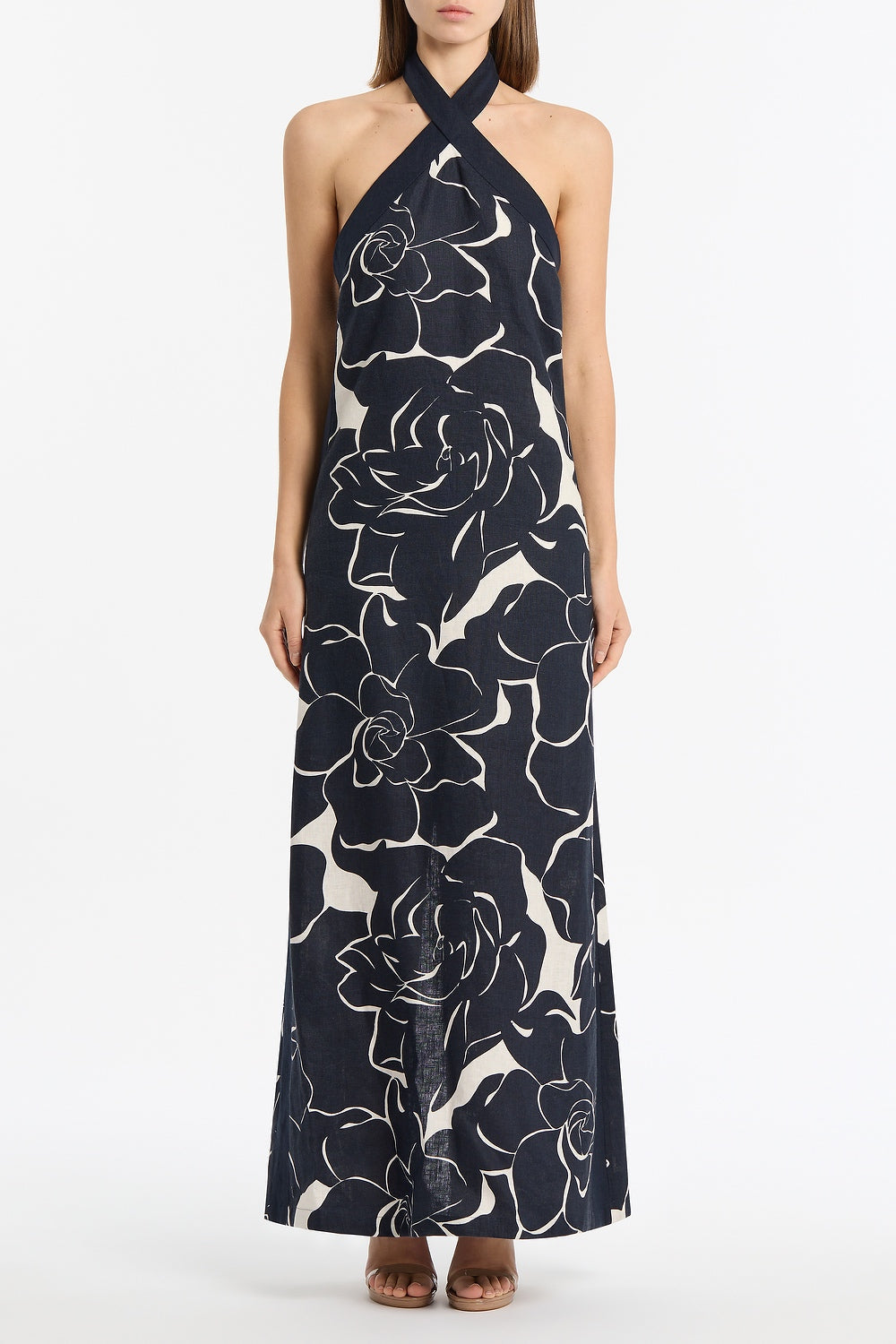 Image of Dresses. Product name - Celestial Petals Linen Halter Neck Dress in Navy colour by brand - Carla Zampatti
