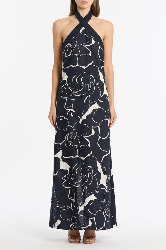 Image of Dresses. Product name - Celestial Petals Linen Halter Neck Dress in Navy colour by brand - Carla Zampatti