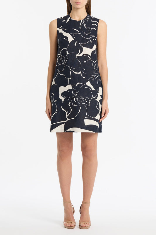 Image of Dresses. Product name - Celestial Petals Linen Shift Dress in Navy colour by brand - Carla Zampatti