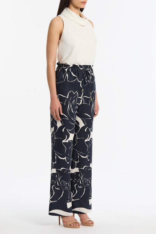 Carla Zampatti Celestial Petals Linen Tie Waist Pant (Navy)