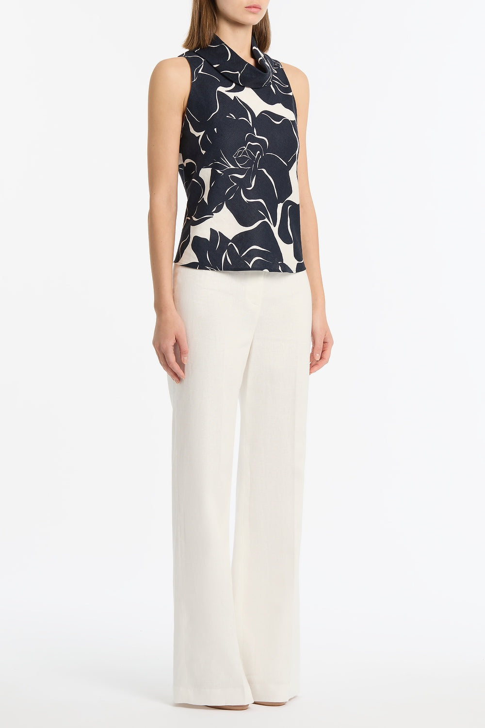 Carla Zampatti Celestial Petals Linen Folded Collar Top (Navy)