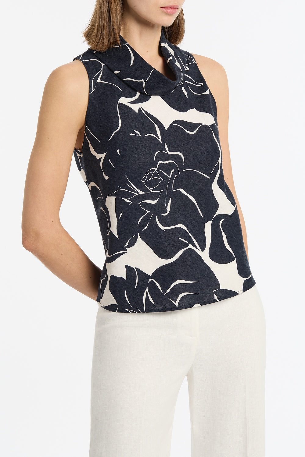 Carla Zampatti Celestial Petals Linen Folded Collar Top (Navy)