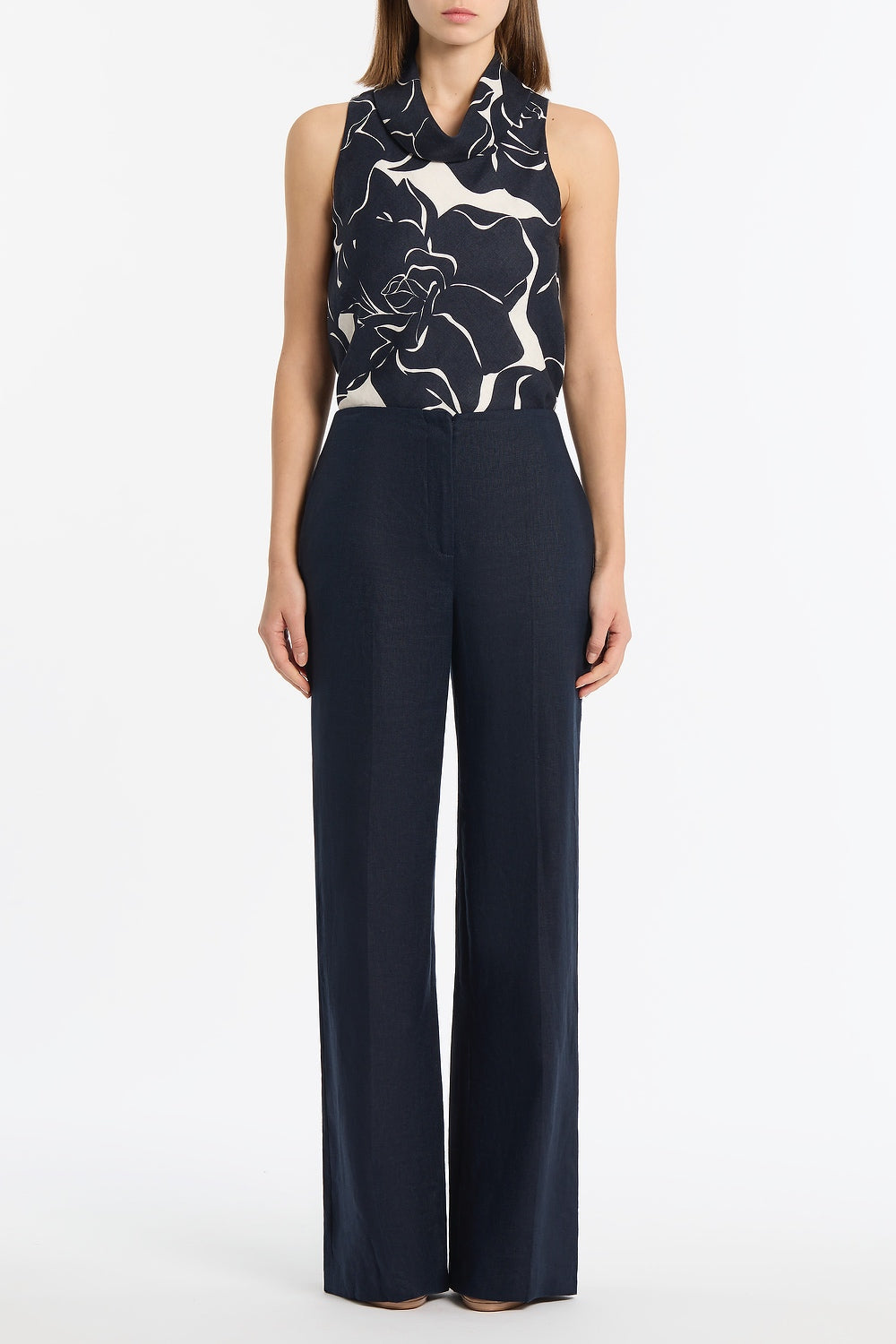 Carla Zampatti Celestial Petals Linen Folded Collar Top (Navy)