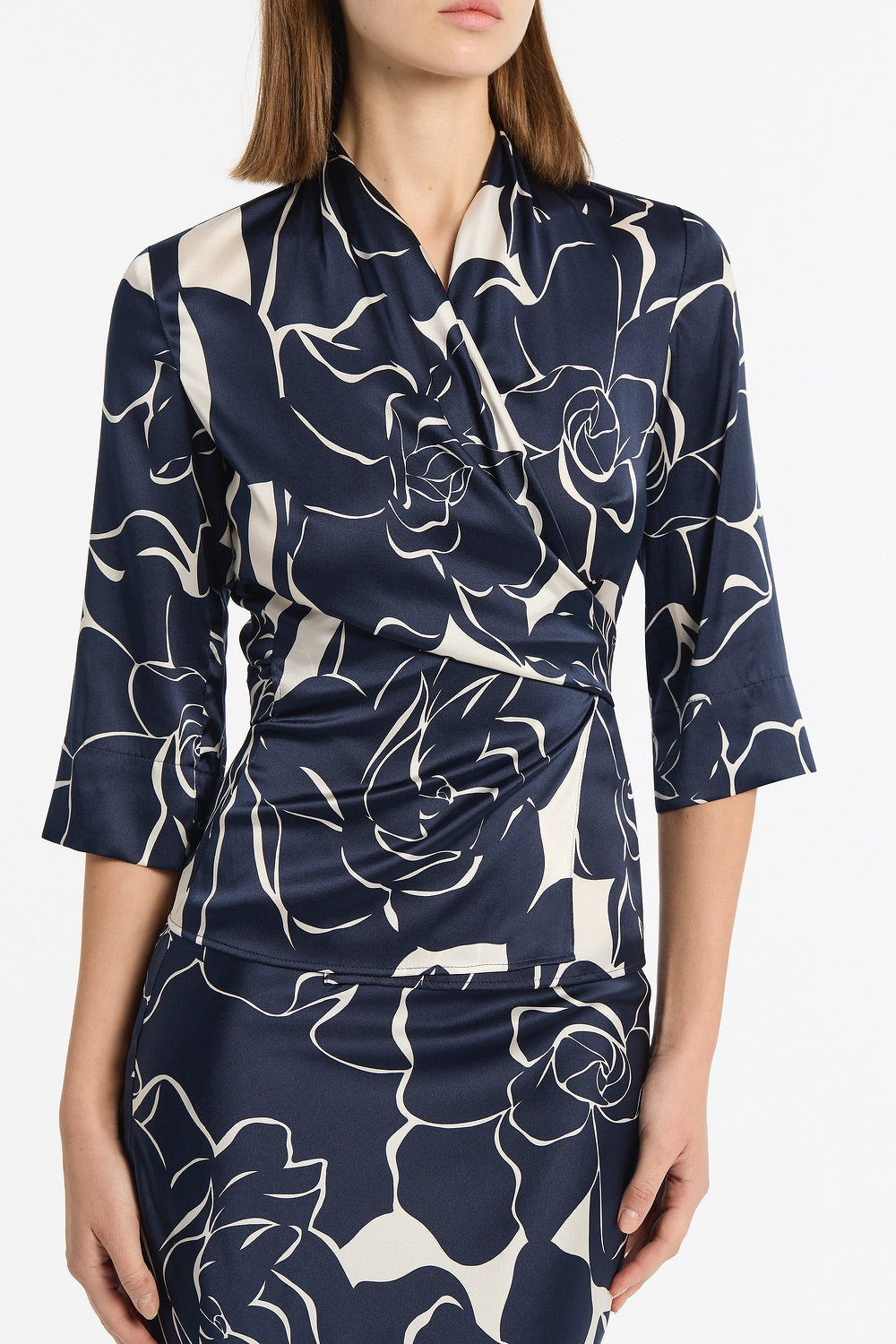 Carla Zampatti Celestial Petals Silk Viscose Wrap Top (Navy)