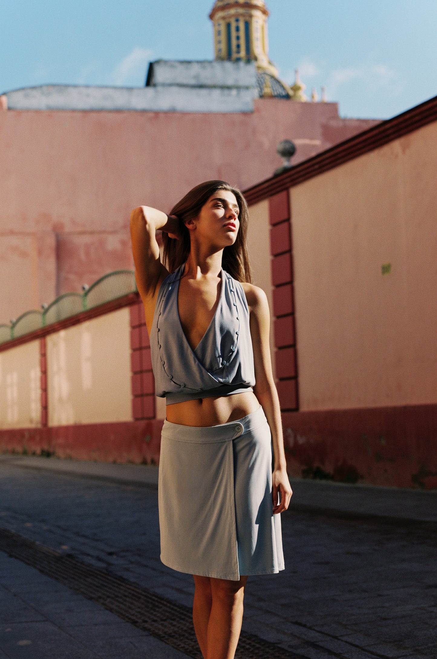 Image of a model wearing Skirts. Product name - Celine Skirt in Pale Blue colour by brand - With Jéan