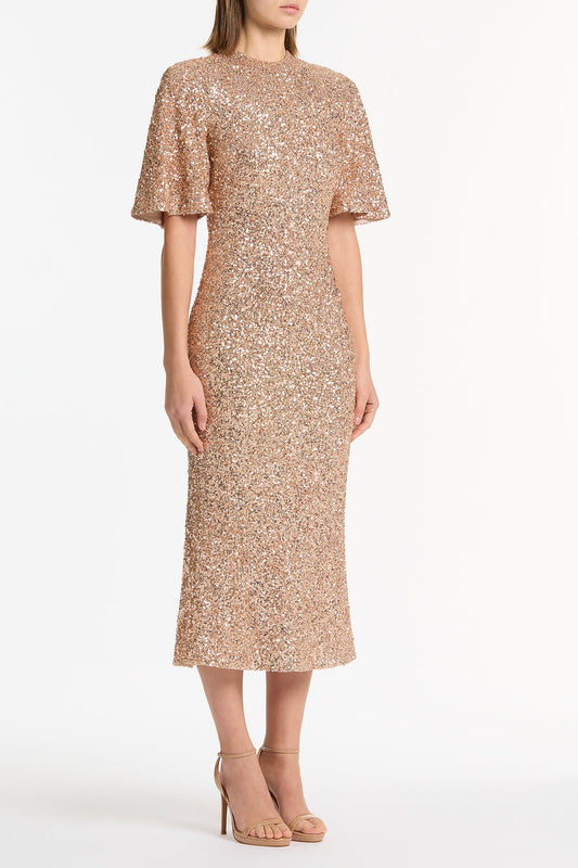 Carla Zampatti Champagne Crushed Sequin Bell Sleeve Midi Dress (Gold)