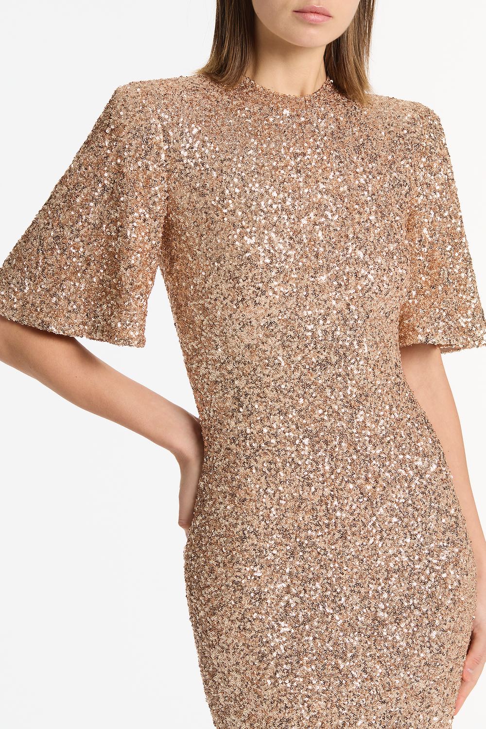 Carla Zampatti Champagne Crushed Sequin Bell Sleeve Midi Dress (Gold)