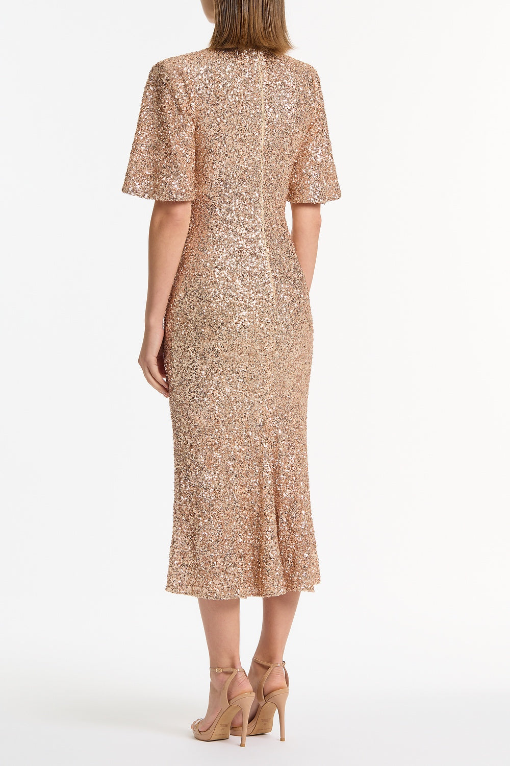 Carla Zampatti Champagne Crushed Sequin Bell Sleeve Midi Dress (Gold)