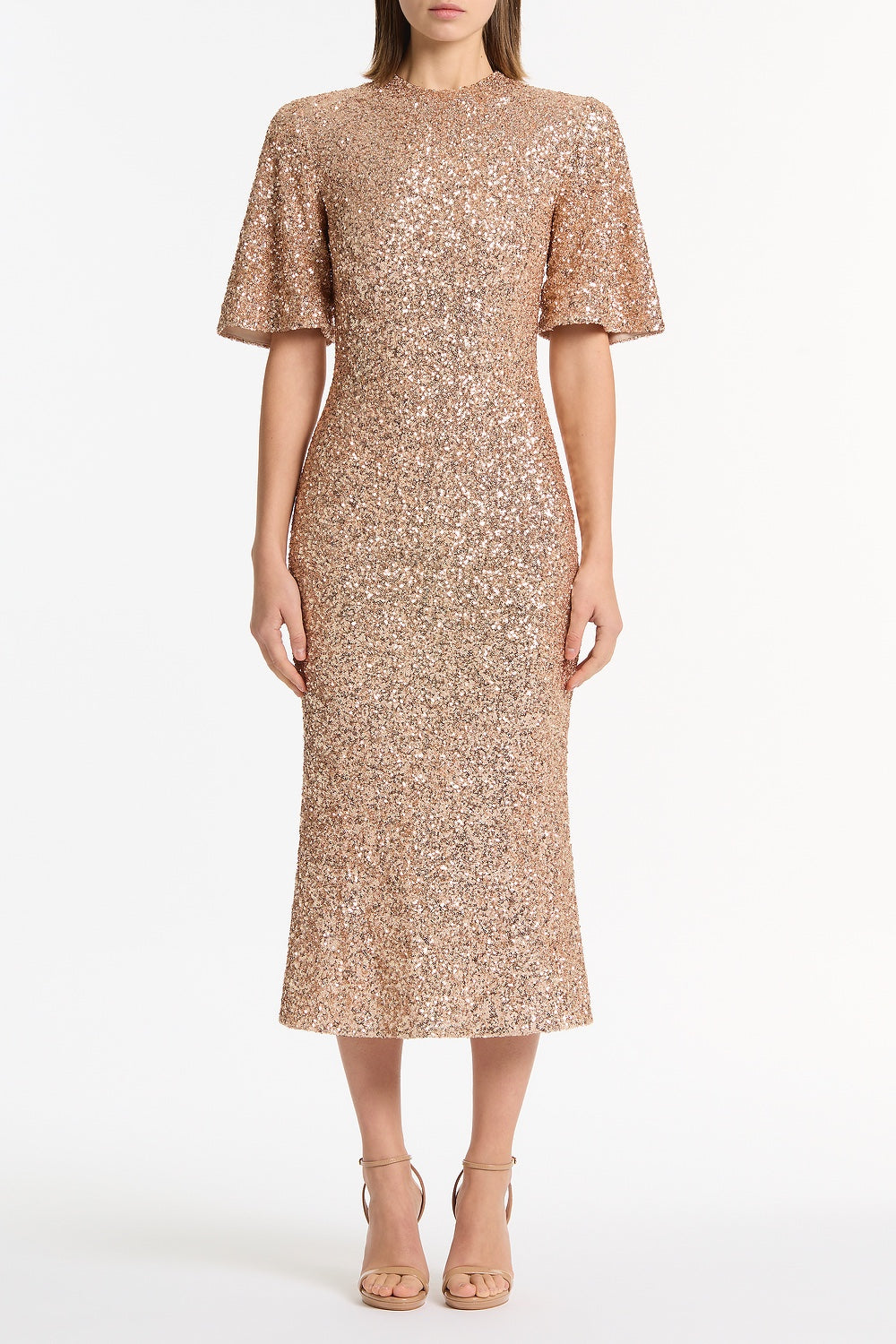 Image of Dresses. Product name - Champagne Crushed Sequin Bell Sleeve Midi Dress in Gold colour by brand - Carla Zampatti