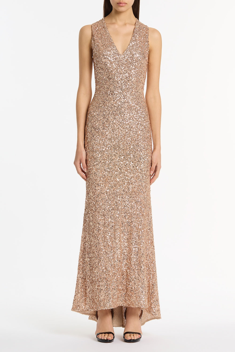 Image of Dresses. Product name - Champagne Crushed Sequin V-Neck Gown in Gold colour by brand - Carla Zampatti