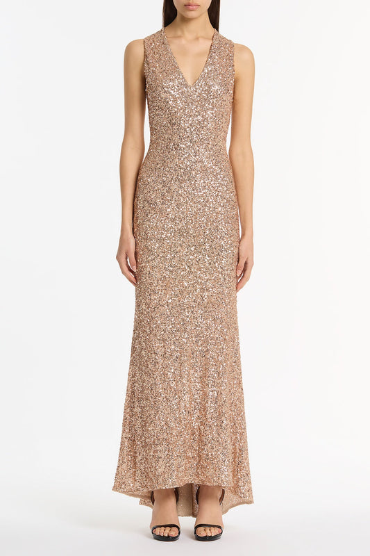 Image of Dresses. Product name - Champagne Crushed Sequin V-Neck Gown in Gold colour by brand - Carla Zampatti