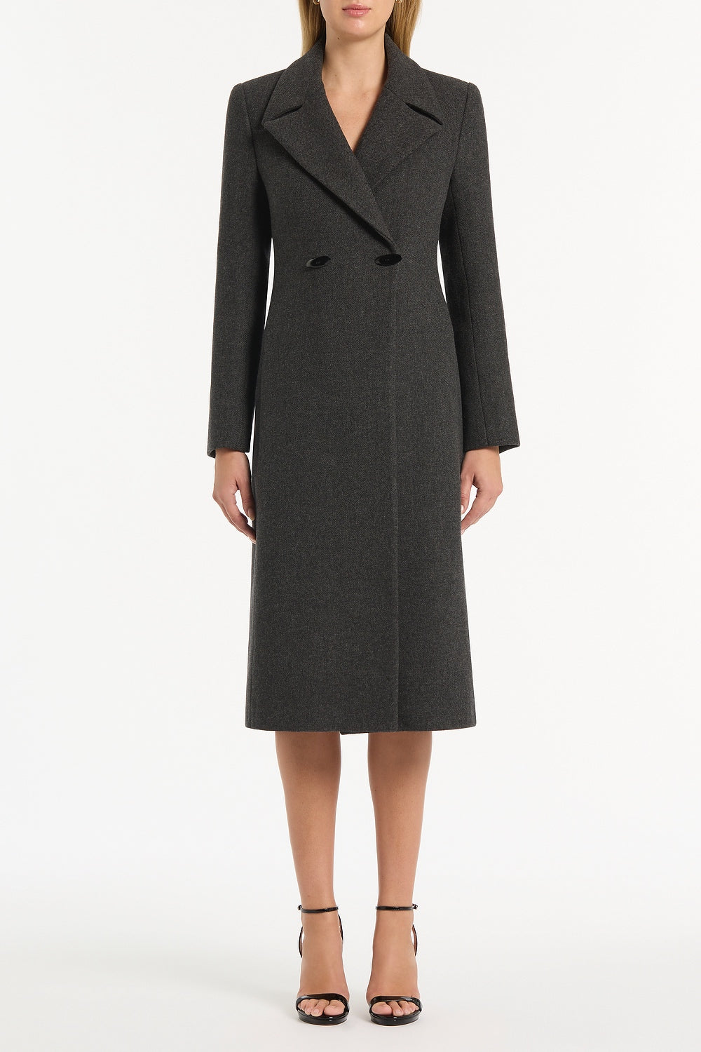 Image of a model wearing Outerwear. Product name - Charcoal Italian Wool Coat in Grey colour by brand - Carla Zampatti