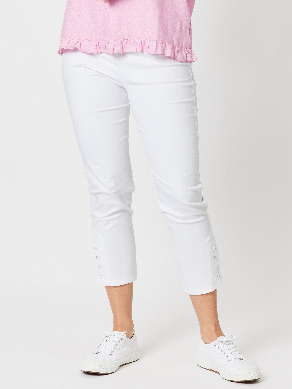 Image of a model wearing Pants. Product name - Stretch Twill Pant White in White colour by brand - Gordon Smith