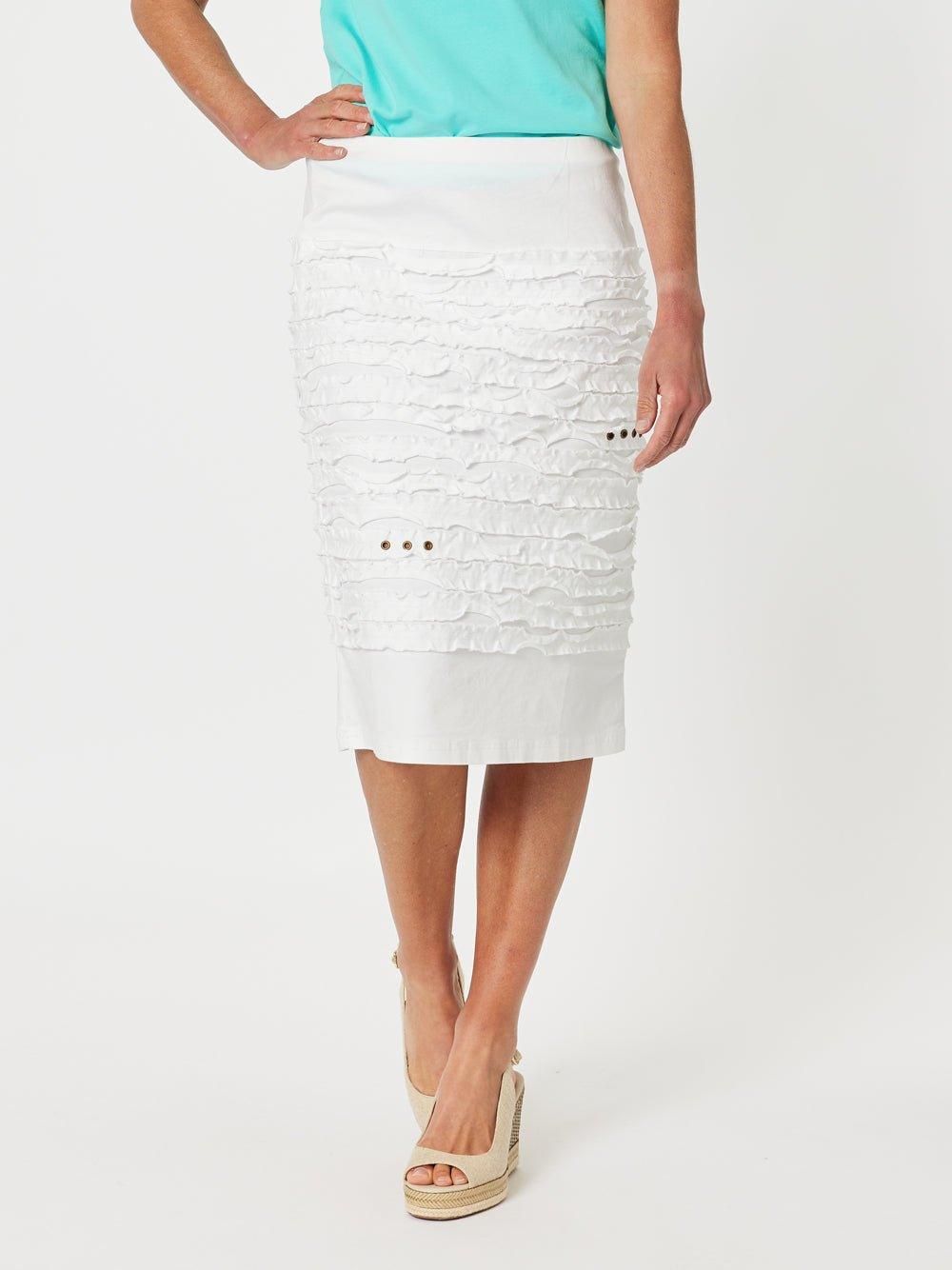 Image of a model wearing Skirts. Product name - Charlie Stitched Detail Skirt White in White colour by brand - Gordon Smith