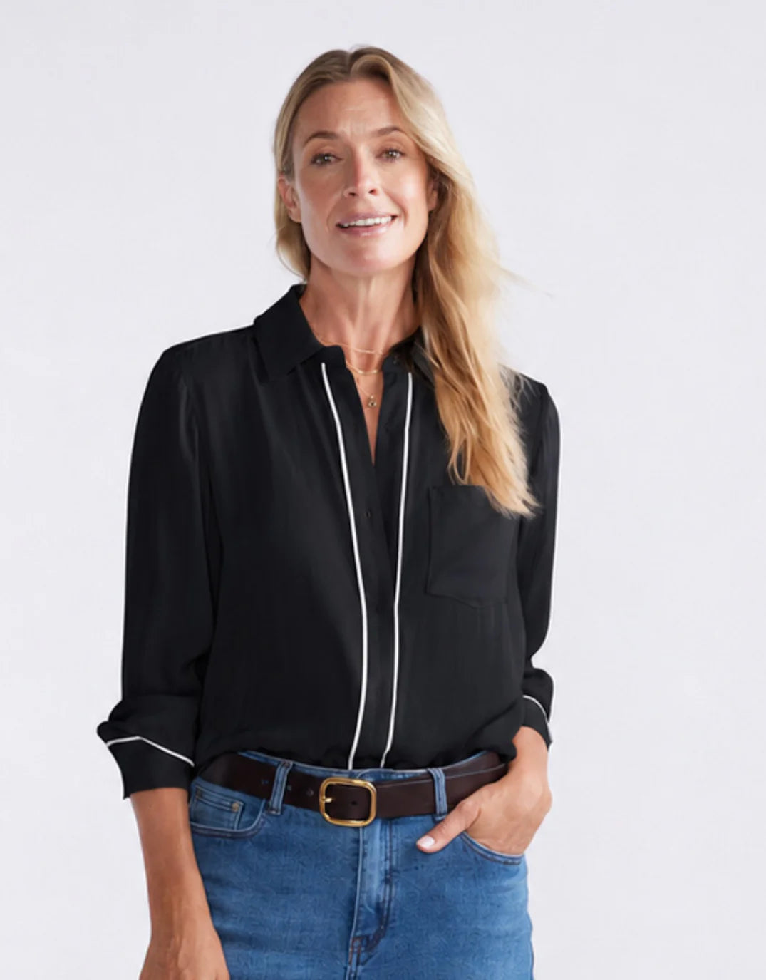 Image of Shirts. Product name - Charlize Drape Shirt Black/White Piping in Black/White Piping colour by brand - White & Co.