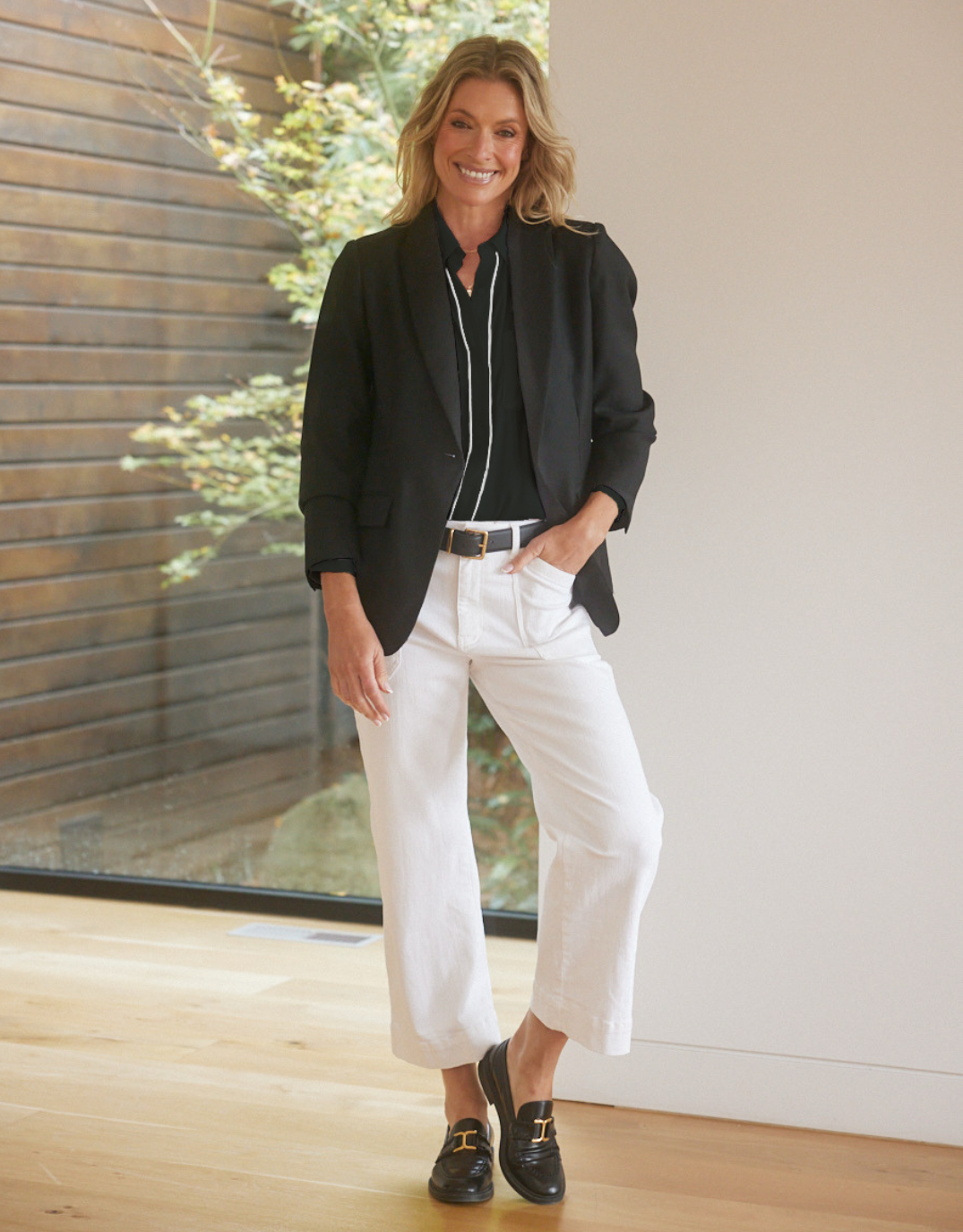 White & Co. Charlize Drape Shirt (Black/White Piping)