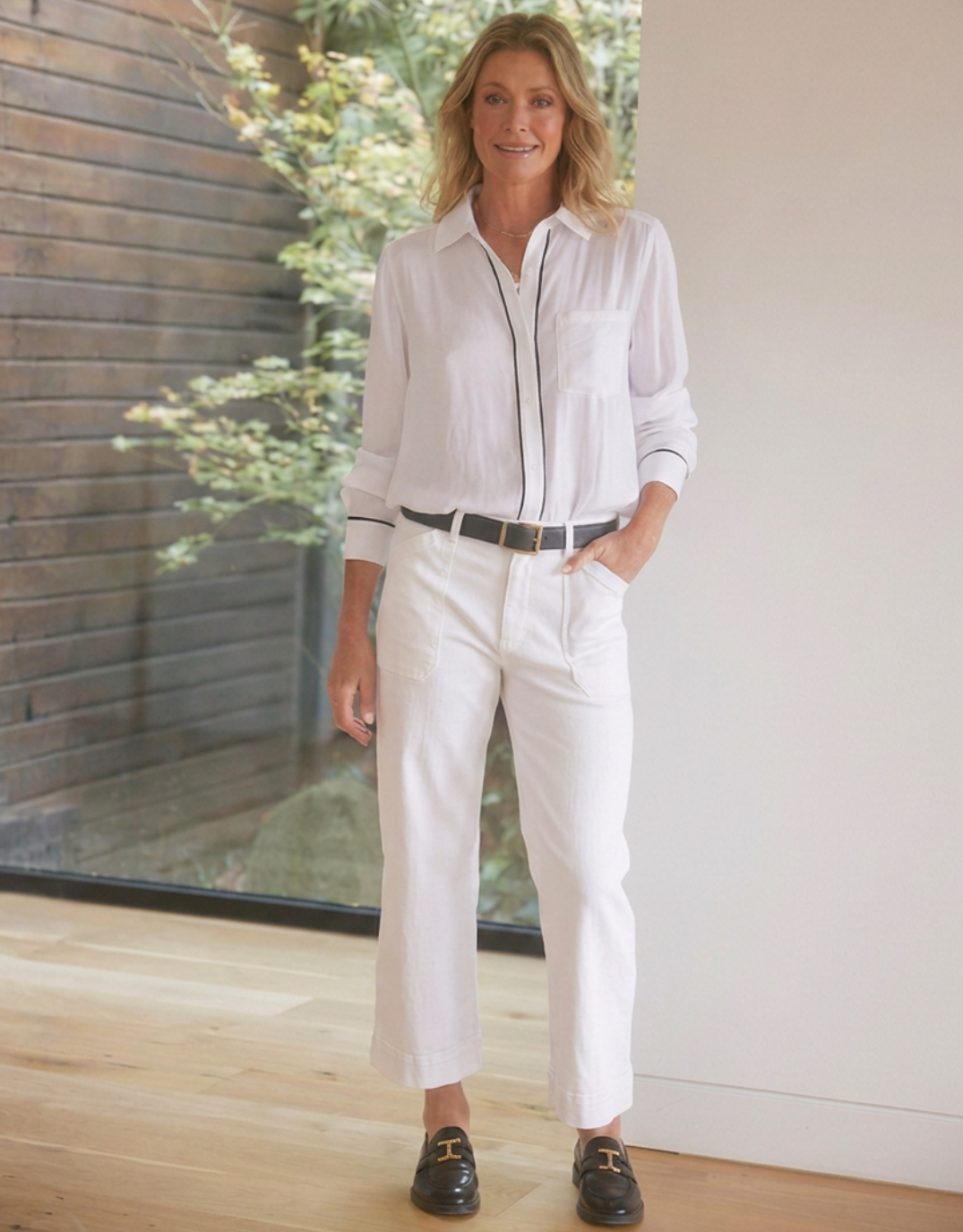 & Co. Charlize Drape Shirt White/Black Piping (White With Black Piping)
