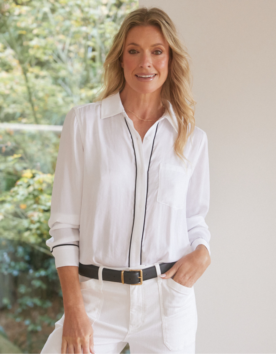 & Co. Charlize Drape Shirt White/Black Piping (White With Black Piping)