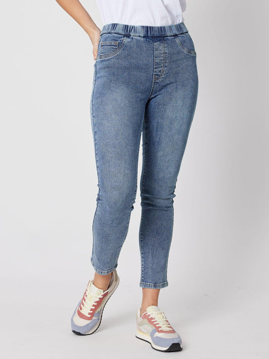 Image of Jeans. Product name - Charlotte Mid Rise Pull On Jean Denim in Denim colour by brand - Threadz
