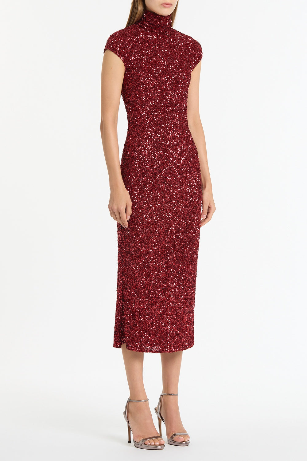 Carla Zampatti Cherry Crushed Sequin Cap Sleeve Midi Dress (Red)
