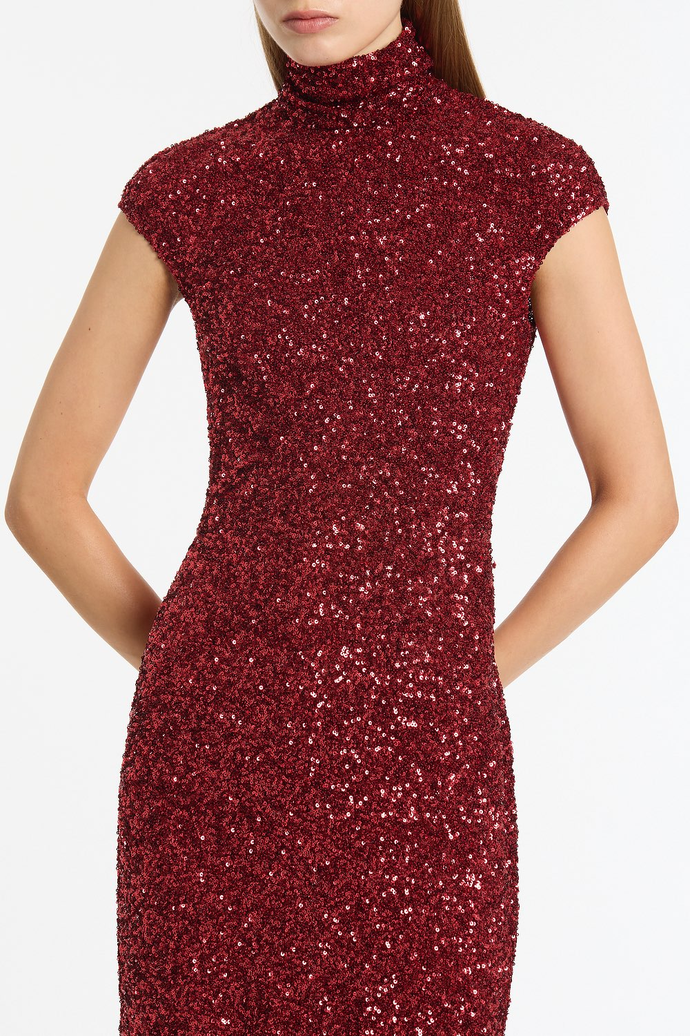 Carla Zampatti Cherry Crushed Sequin Cap Sleeve Midi Dress (Red)