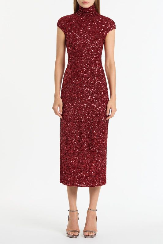 Image of Dresses. Product name - Cherry Crushed Sequin Cap Sleeve Midi Dress in Red colour by brand - Carla Zampatti
