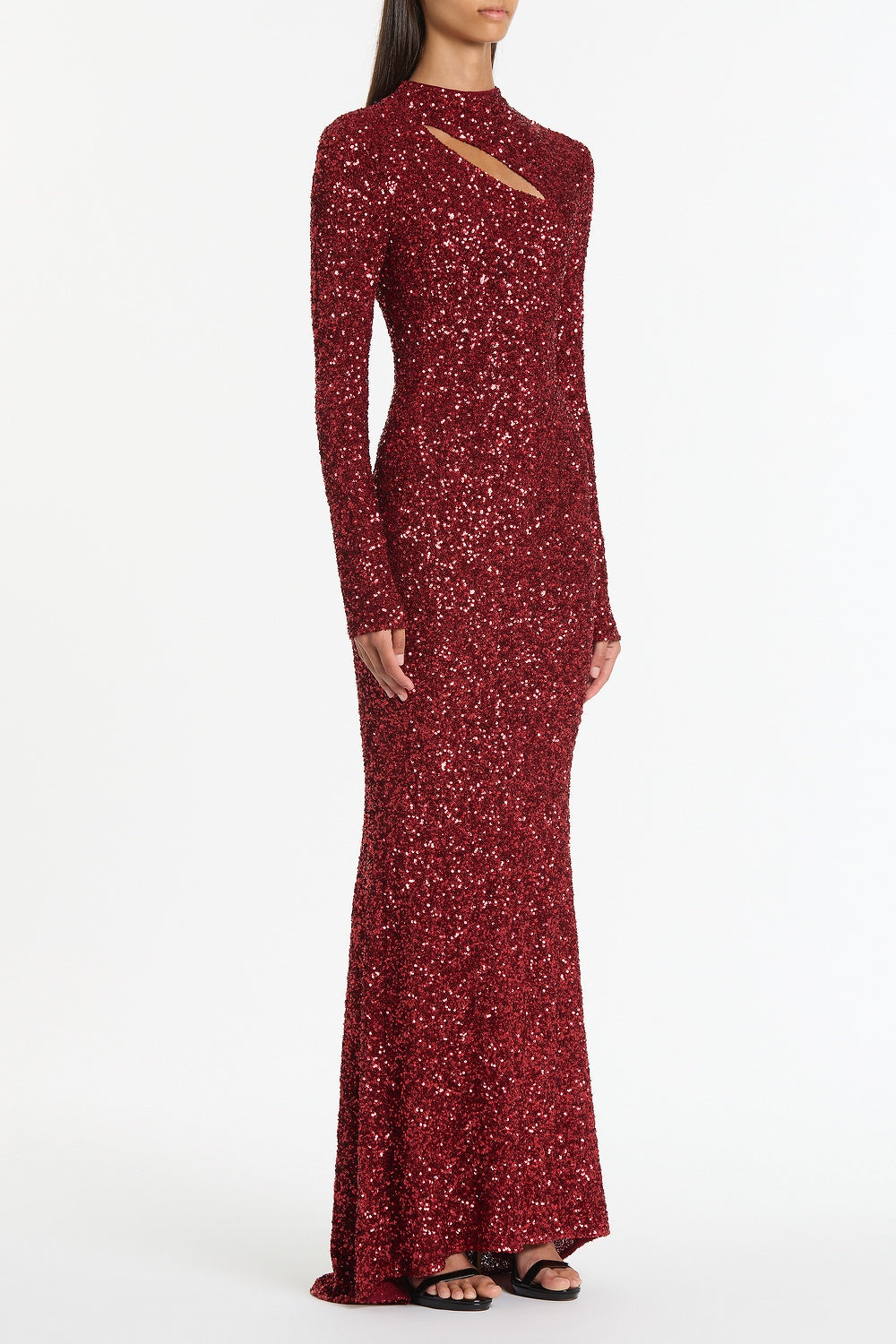 Carla Zampatti Cherry Crushed Sequin Long Sleeve Gown (Red)