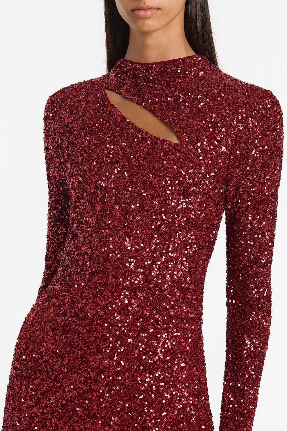 Carla Zampatti Cherry Crushed Sequin Long Sleeve Gown (Red)