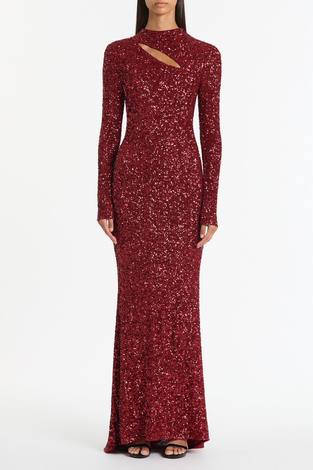 Image of Dresses. Product name - Cherry Crushed Sequin Long Sleeve Gown in Red colour by brand - Carla Zampatti