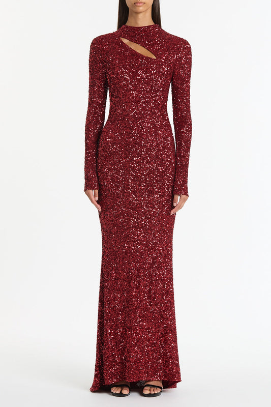Image of Dresses. Product name - Cherry Crushed Sequin Long Sleeve Gown in Red colour by brand - Carla Zampatti