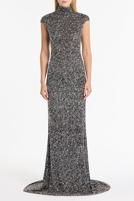 Image of Dresses. Product name - Chrome Crushed Sequin Polo Gown in Grey colour by brand - Carla Zampatti