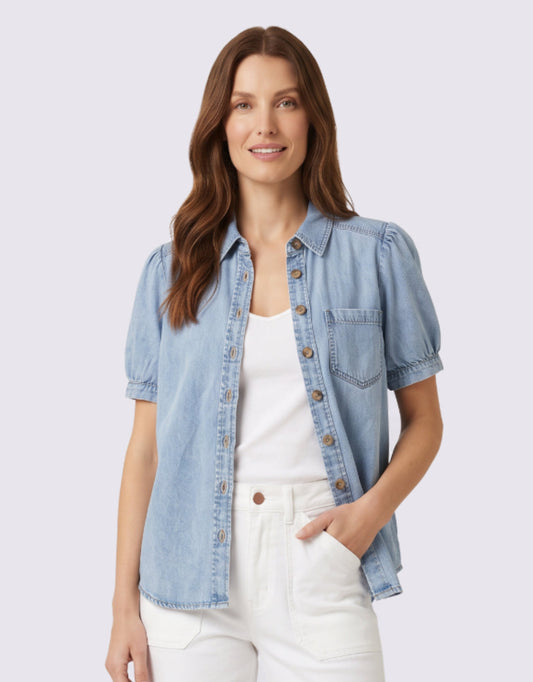 Image of a model wearing Tops. Product name - Cici Shirt Tencel Blue in Tencel Blue colour by brand - Monaco