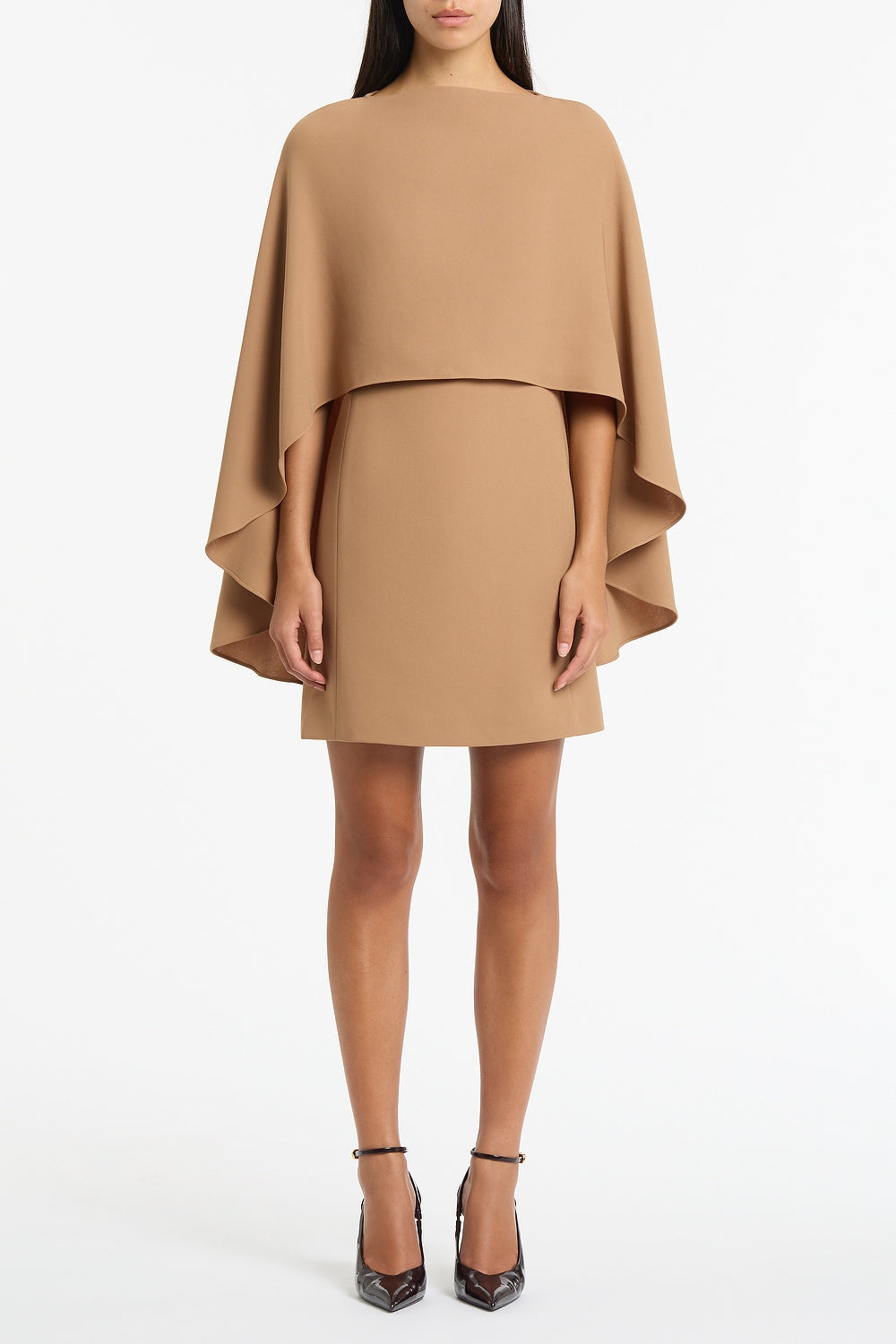 Image of Dresses. Product name - Cinnamon Crepe Cape Mini Dress in Brown colour by brand - Carla Zampatti