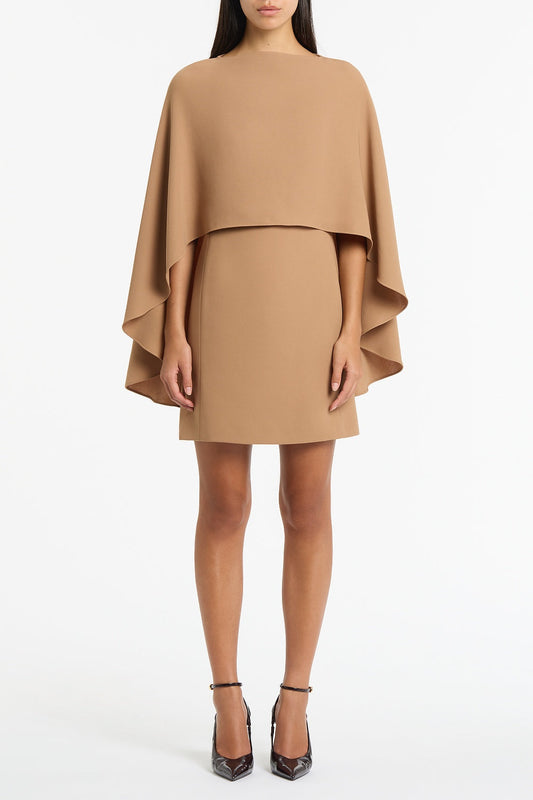 Image of Dresses. Product name - Cinnamon Crepe Cape Mini Dress in Brown colour by brand - Carla Zampatti