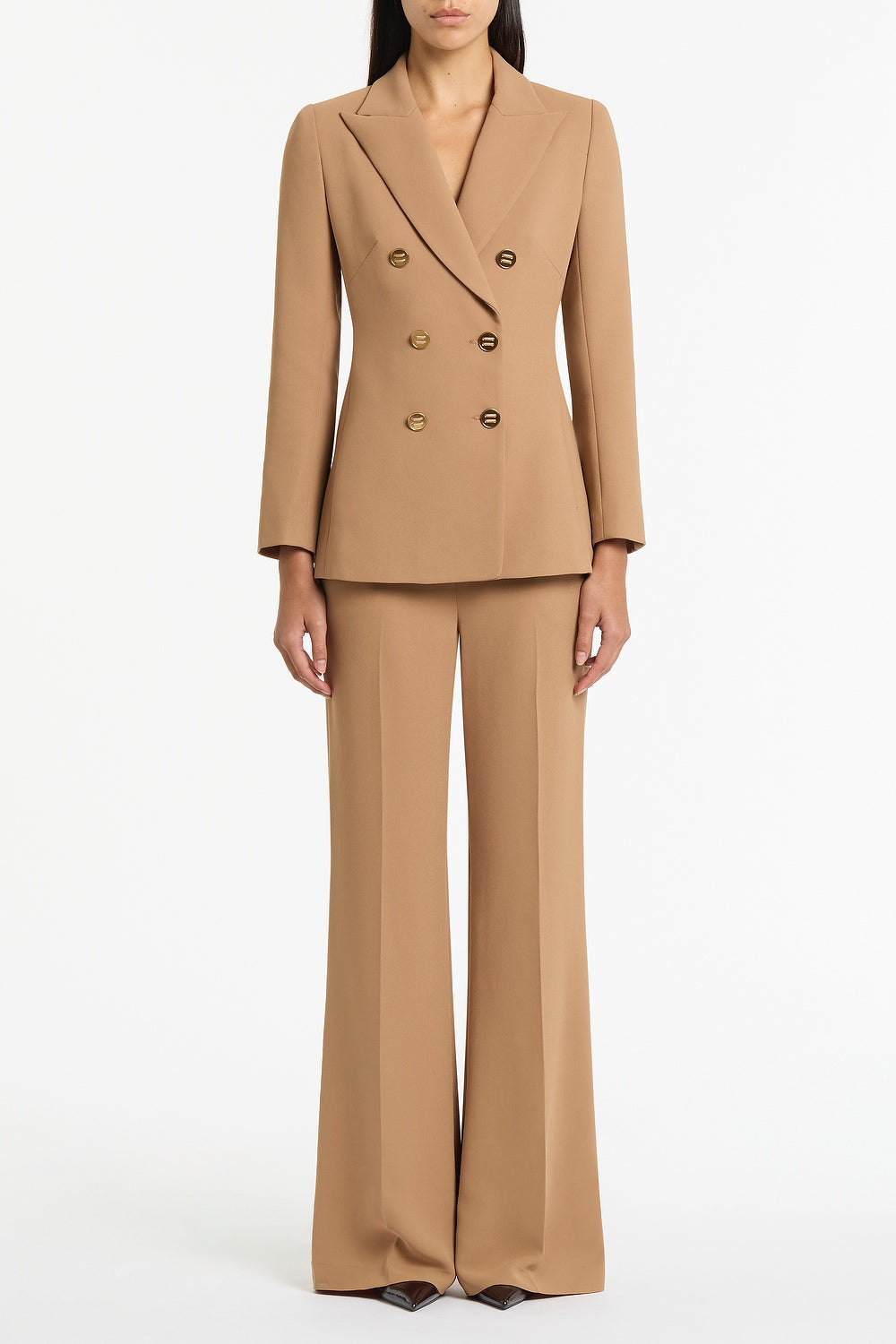Image of Coats & Jackets. Product name - Cinnamon Crepe Peaked Double Breasted Jacket in Brown colour by brand - Carla Zampatti