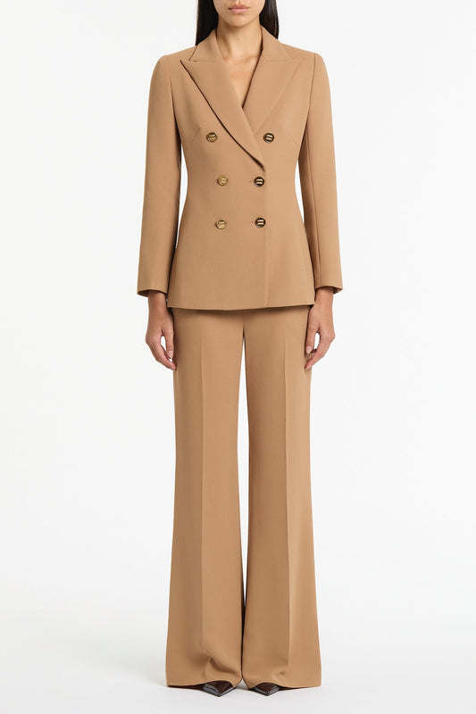 Image of Coats & Jackets. Product name - Cinnamon Crepe Peaked Double Breasted Jacket in Brown colour by brand - Carla Zampatti