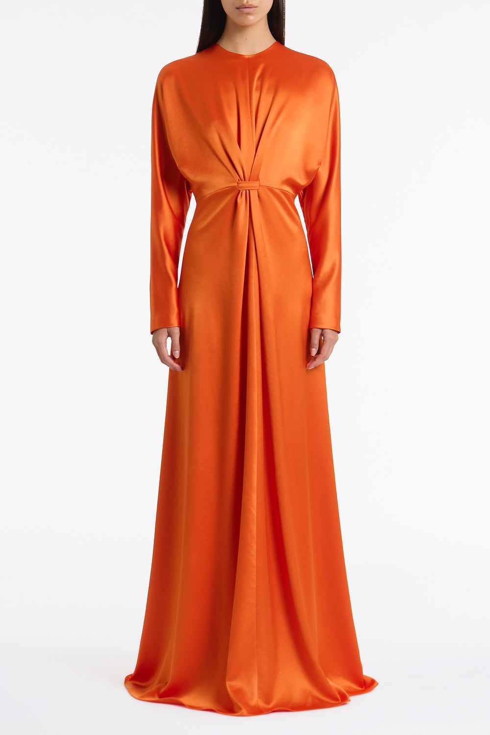 Image of Dresses. Product name - Clementine Satin Acetate Draped Soft Sleeve Dress in Orange colour by brand - Carla Zampatti